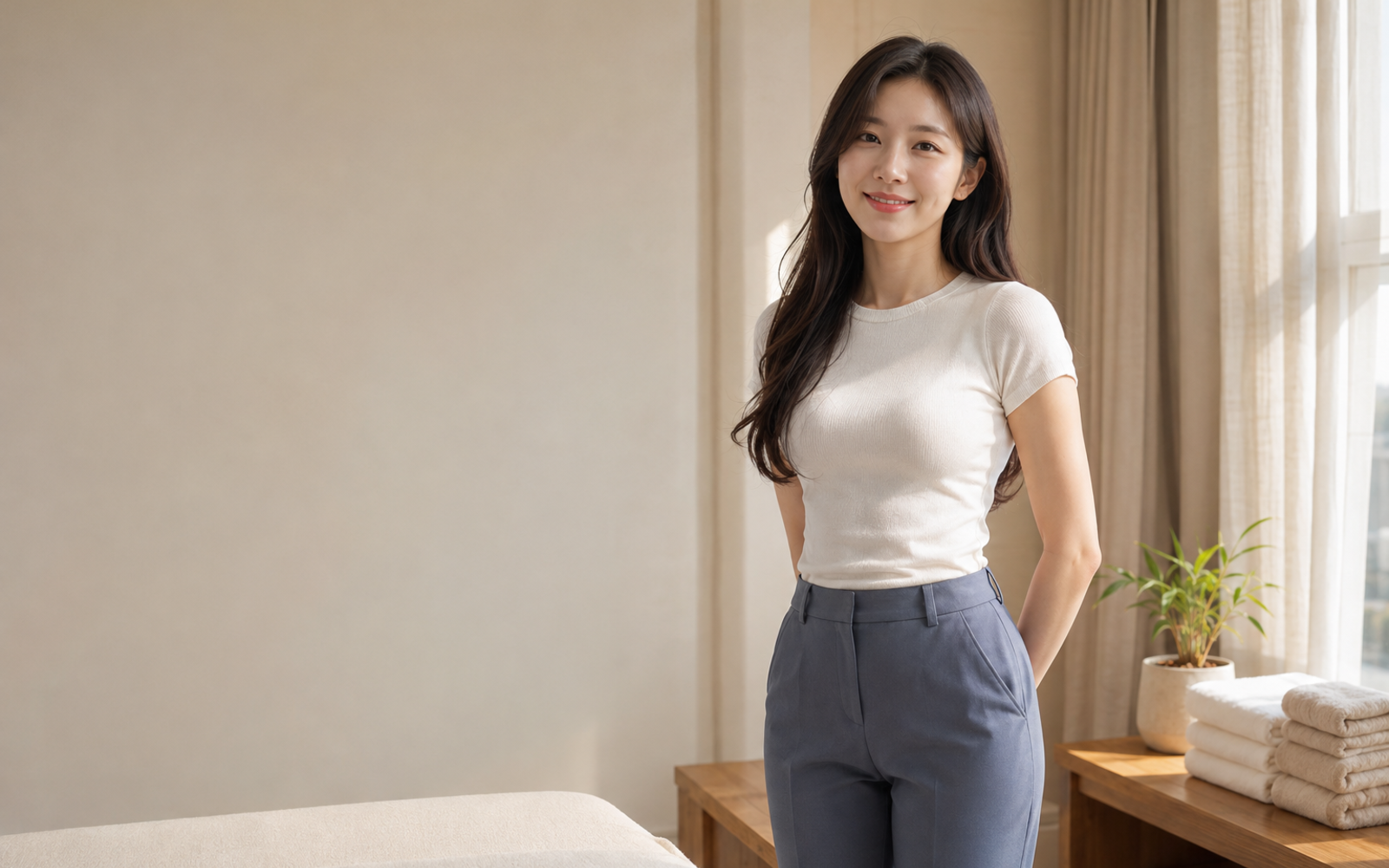 서울 종로구 방문 홈케어를 안내하는 젊은 성인 한국 여성 관리사